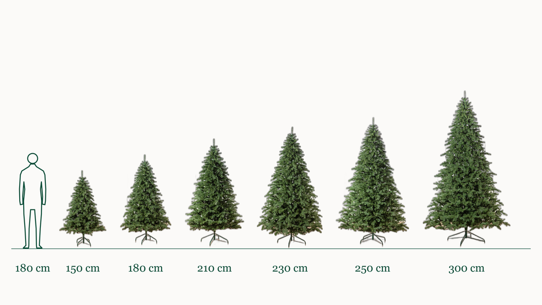 Aspen műfenyő méretek egymás mellett, 180 cm magas emberalakkal